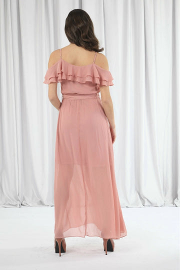 Pink Double Frill Off Shoulder Wrap Maxi Dress Double Second